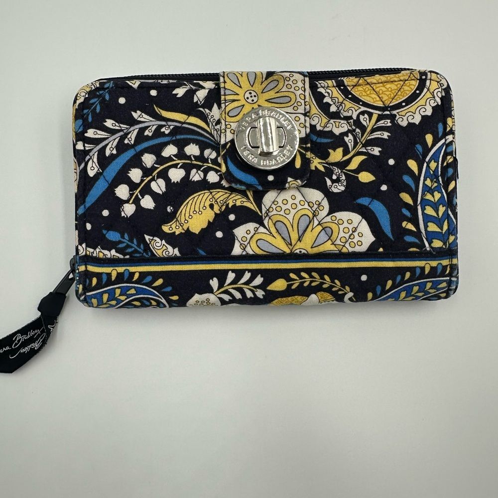 Vera Bradley Classic Turnlock Zip Wallet Clutch Purse Blue Yellow Floral Pockets